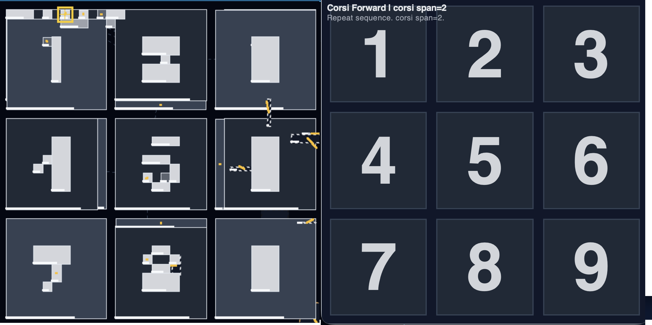 Corsi Forward memory board displayed beside Kernel's diagnostic representation of the nine spatial locations