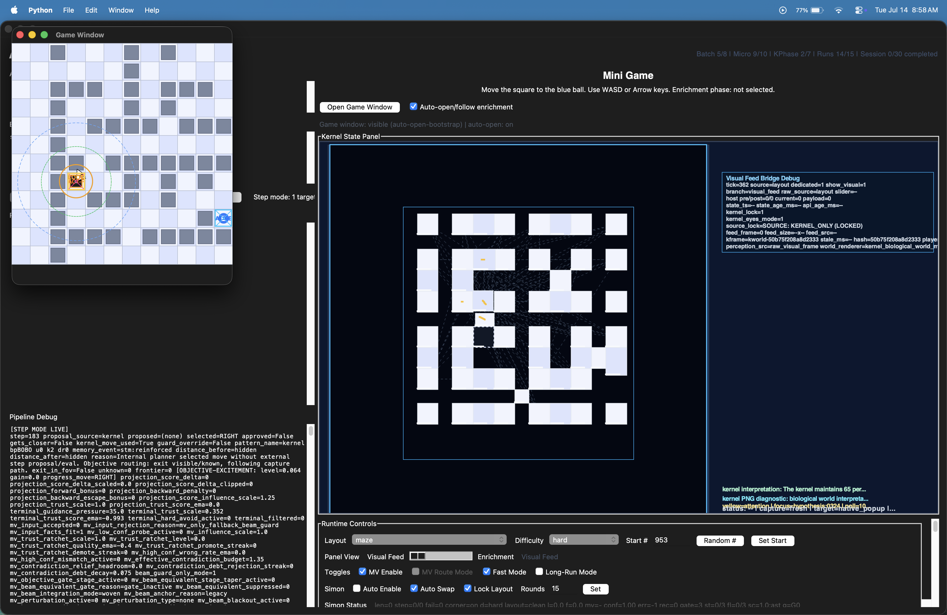 A maze environment displayed beside Kernel's diagnostic internal spatial representation