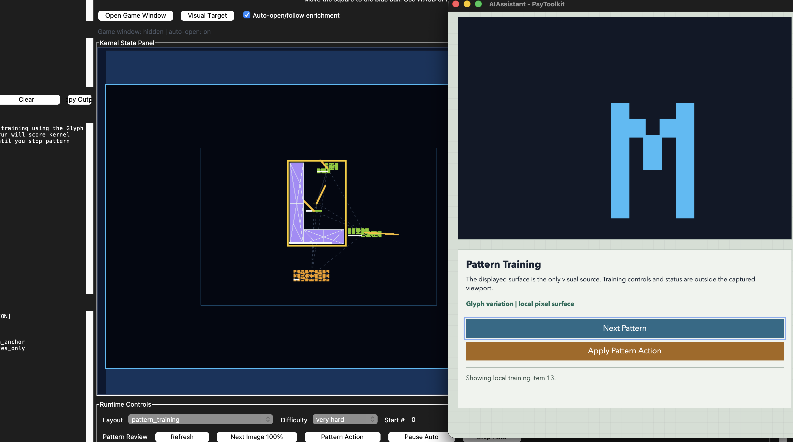 Kernel pattern-training interface showing a blue letter H beside the learner's diagnostic visual state
