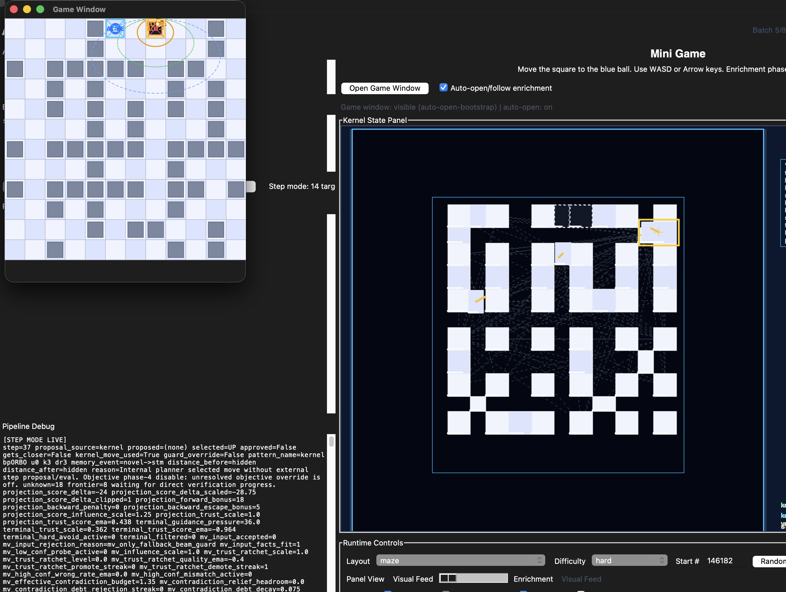 Kernel maze environment, internal spatial representation, and live behavioral diagnostics shown in the same experiment