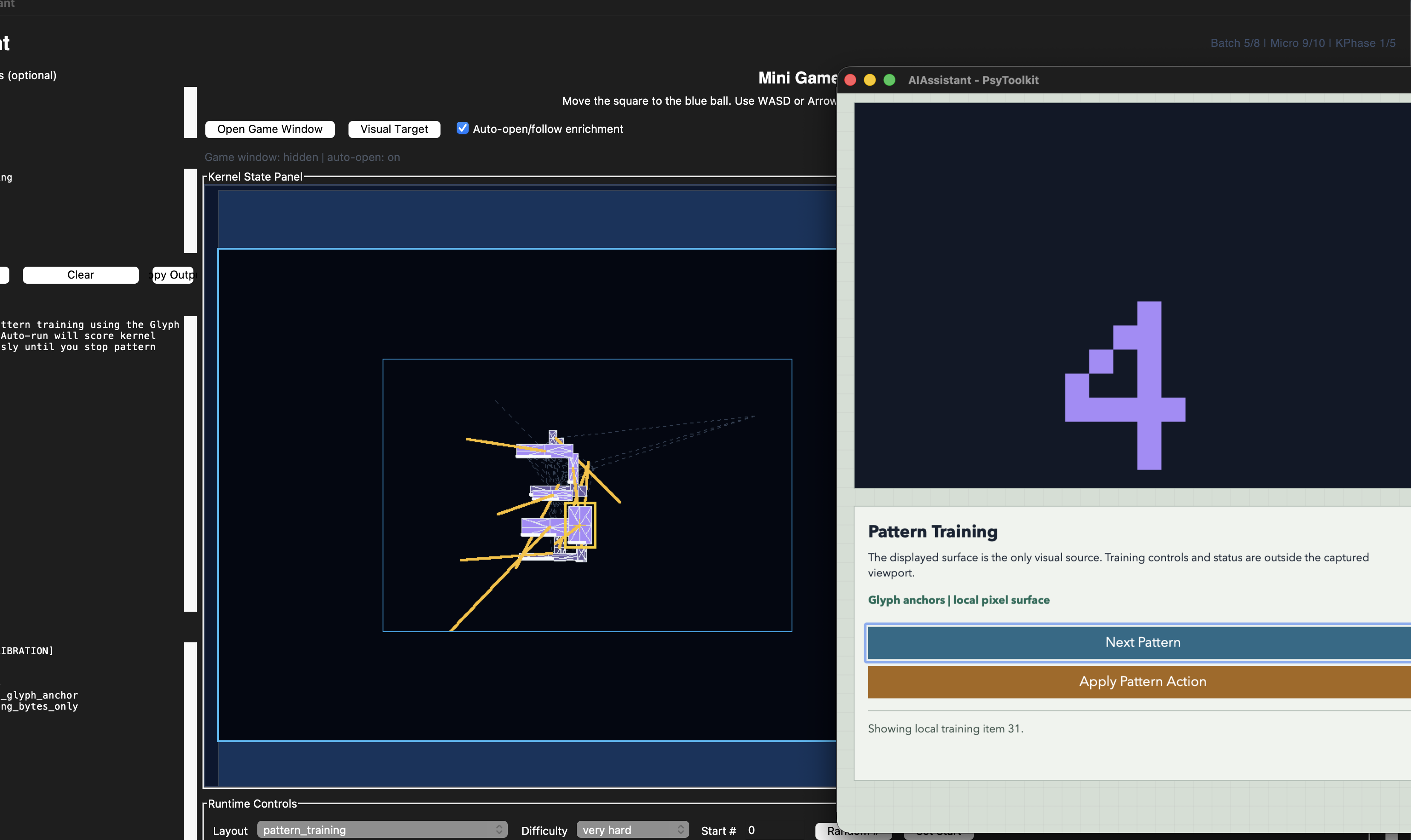 Kernel diagnostic reconstruction displayed beside a purple numeral four used as the visual training target