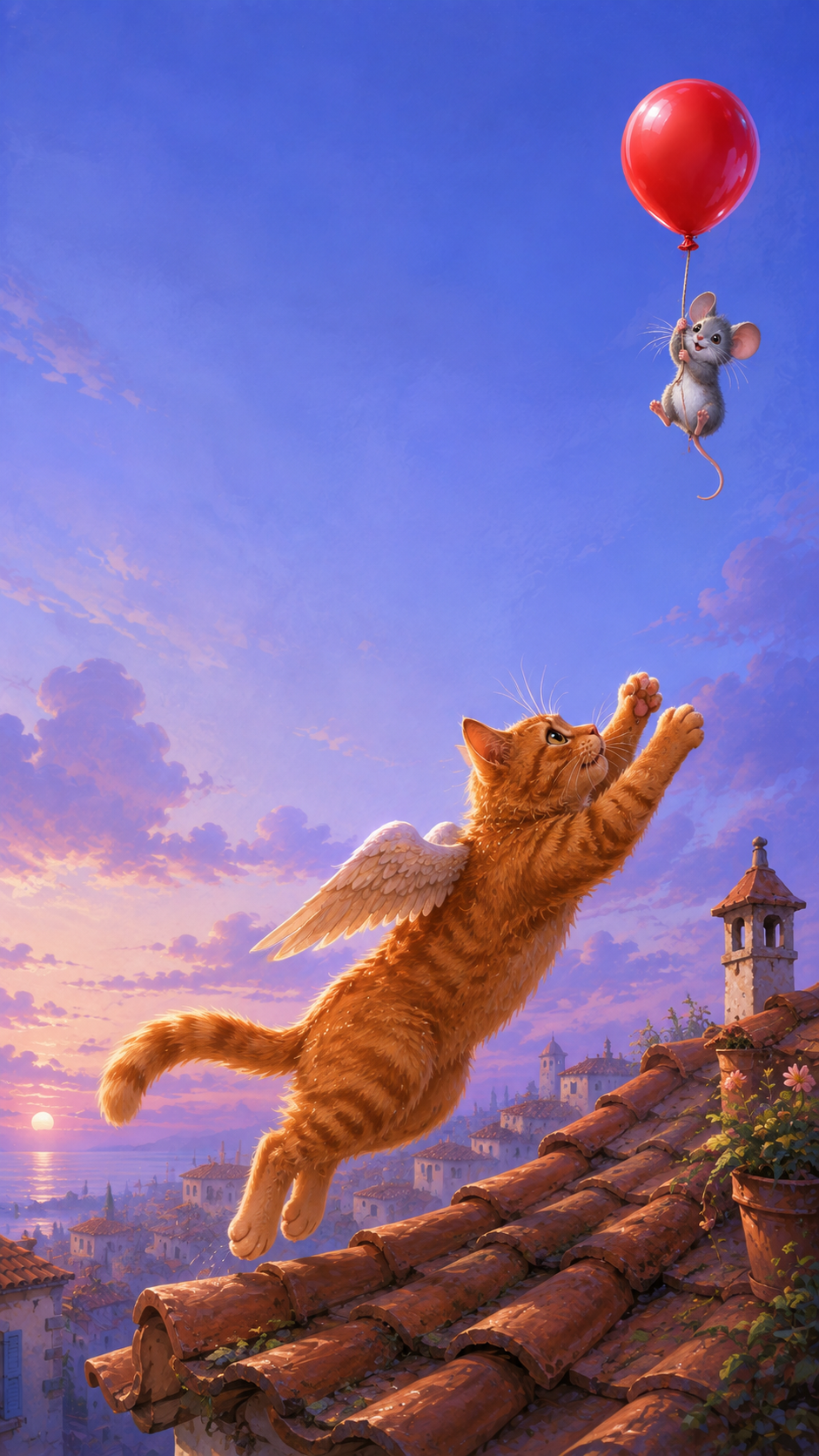 An orange kitten leaping above rooftops toward a mouse on a red balloon
