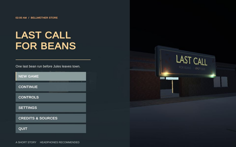 Last Call For Beans title screen beside the dimly lit Bellwether store exterior