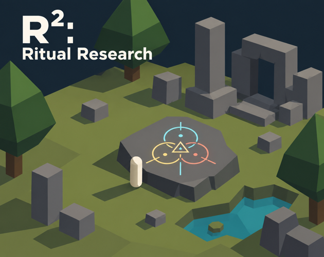 R²: Ritual Research cover showing an inscribed ritual circle among low-poly ruins, trees, and a pool